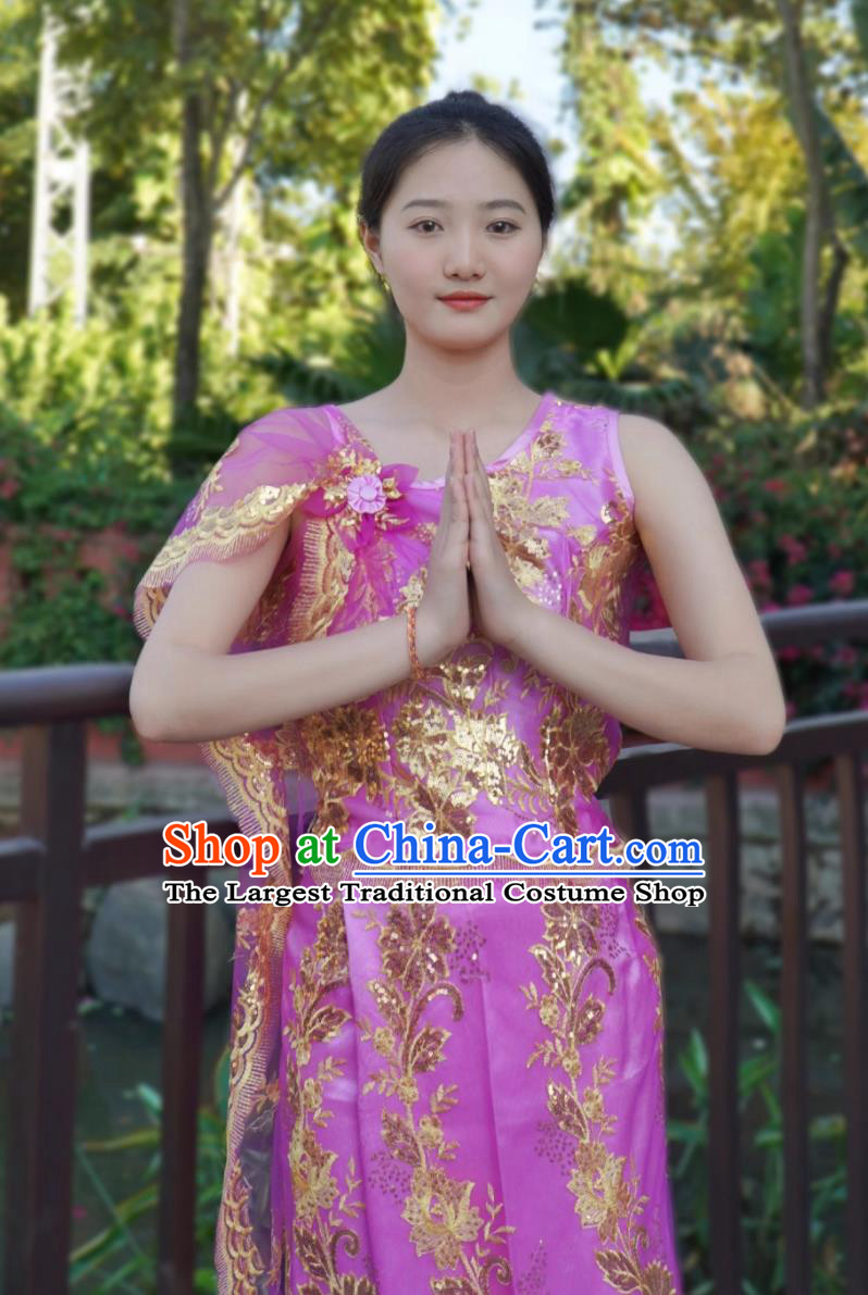 China Dai Ethnic Woman Clothing Thailand Water Splashing Festival Dance Purple Top And Long Skirt Xishuangbanna Folk Dance Costume