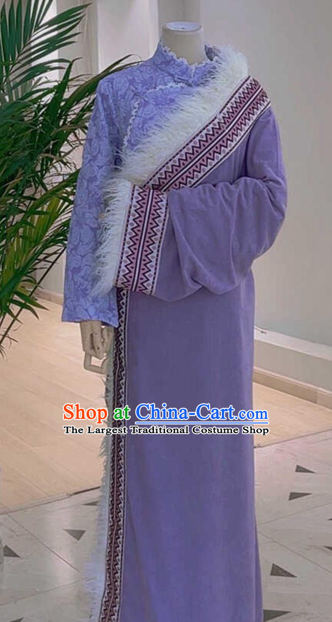 China Purple Tibetan Robe Zang Nationality Woman Costume Xizang Ethnic Performance Clothing