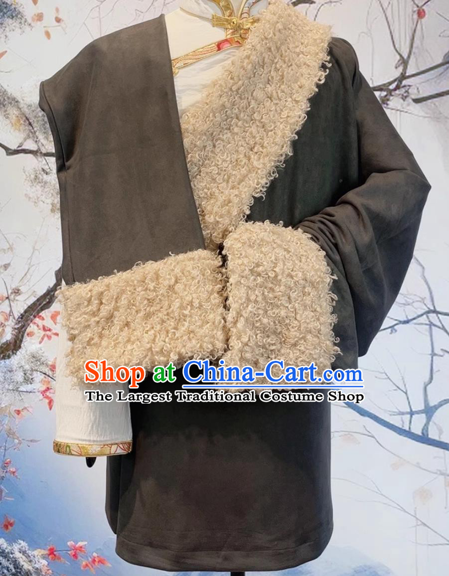China Thermal Tibetan Robe Zang Nationality Male Winter Costume Xizang Ethnic Stage Performance Clothing