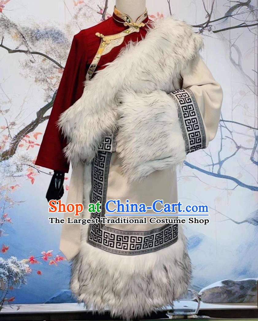 China Zang Nationality Male Costume Xizang Ethnic Stage Performance Clothing Handmade Winter Tibetan Robe