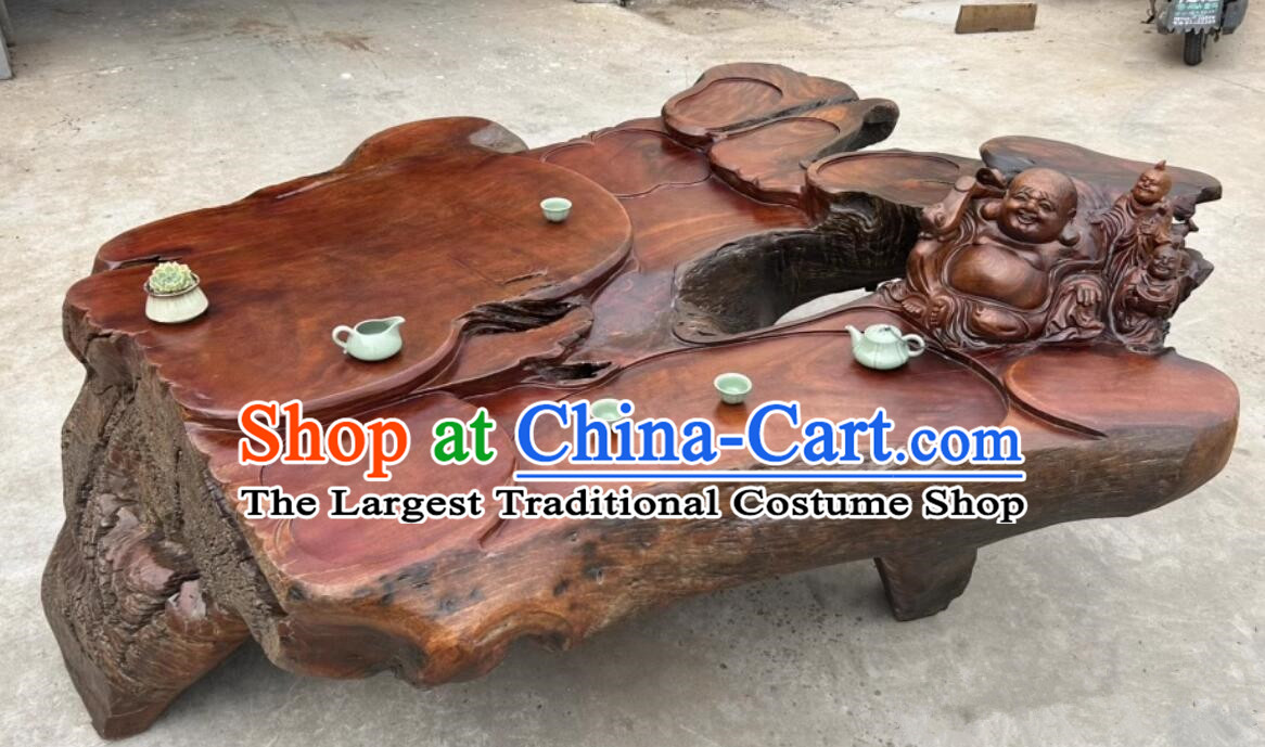 Hand Carved Maitreya Buddha Chinese Stunning Tree Root Tea Table