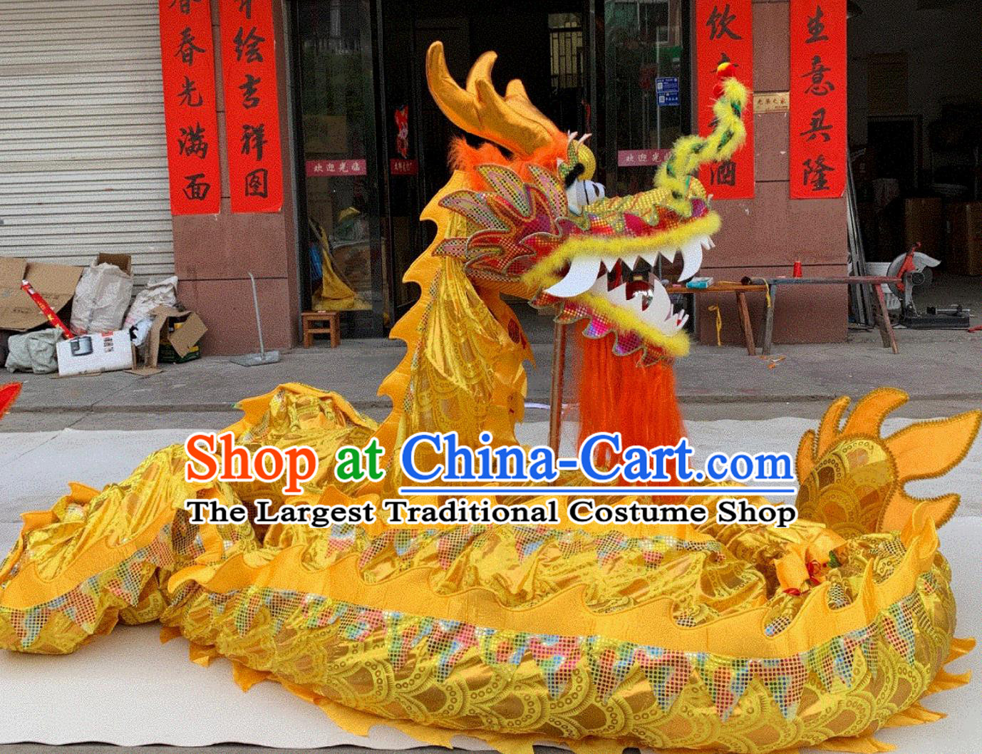 Handmade LED Lantern Dance Dragon Chinese Traditional Golden Dancing Dragon Head and Body Costume Complete Set