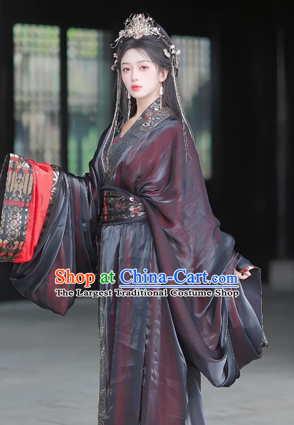 Black and Red Warring States Robe Ancient China Empress Costume Chinese Han Dynasty Palace Woman Hanfu