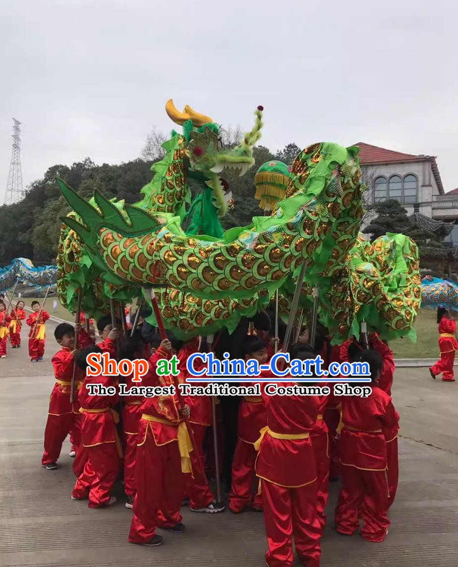 Green Chinese Traditional Dancing Dragon New Year Handmade Dance Dragon Head and Body Costume Complete Set for Kids