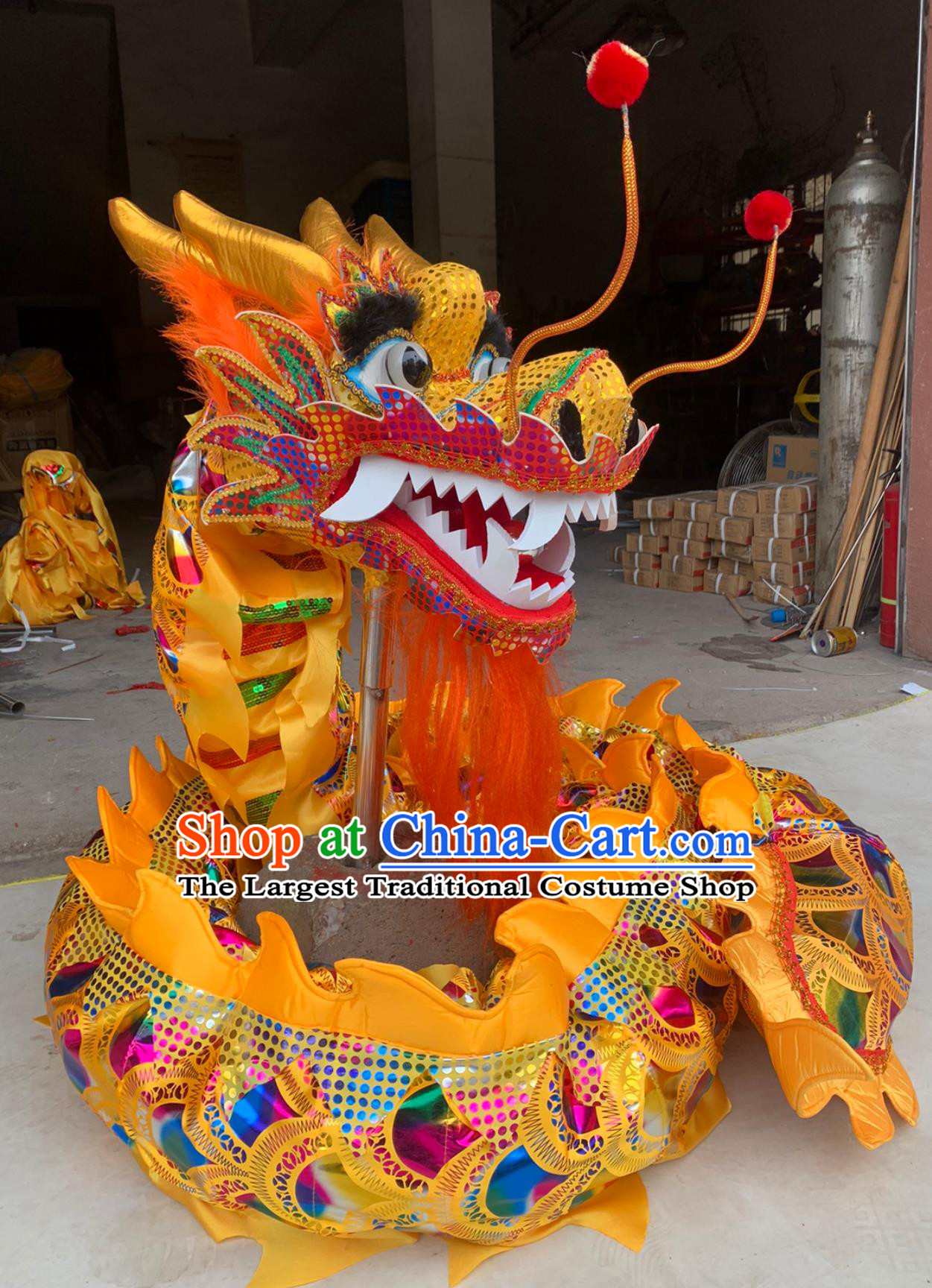 Golden New Year Handmade Dance Dragon Chinese Traditional Dancing Dragon Head and Body Costume Complete Set for Kids