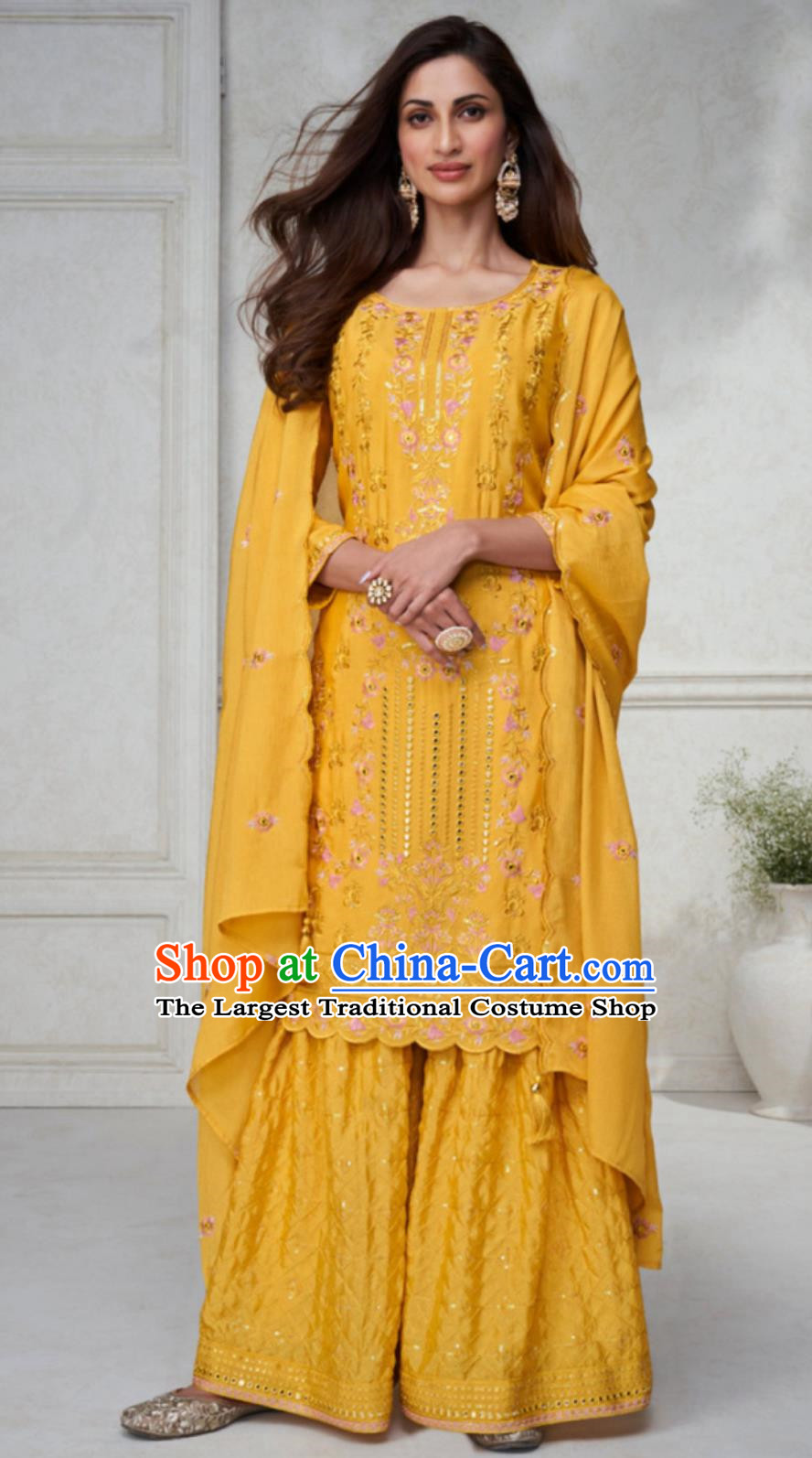 Traditional India Woman Costume Indian National Clothing Mustard Punjabi Outfit