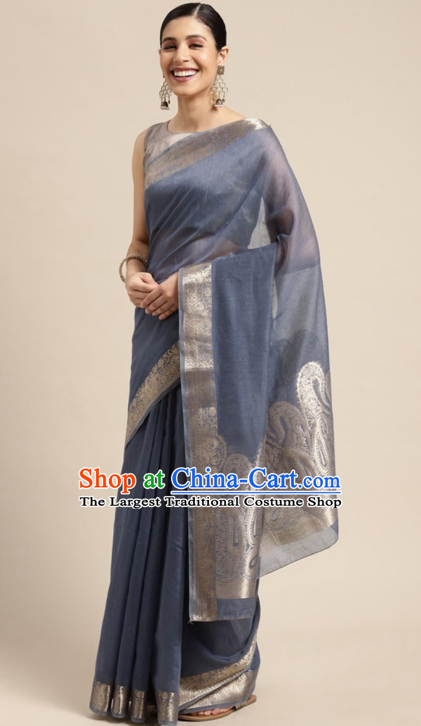Indian National Clothing Traditional Festival Dusty Blue Sari Dress India Woman Costume