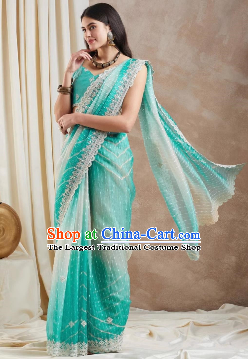 Traditional Festival Sky Blue Sari Dress India Woman Embroidery Costume Indian National Clothing