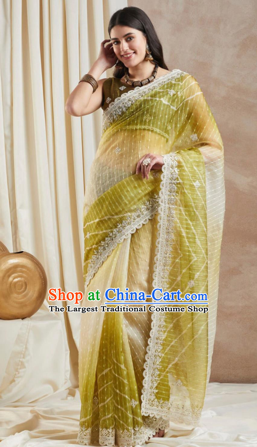 India Woman Embroidery Costume Indian National Clothing Traditional Festival Mustard Sari Dress