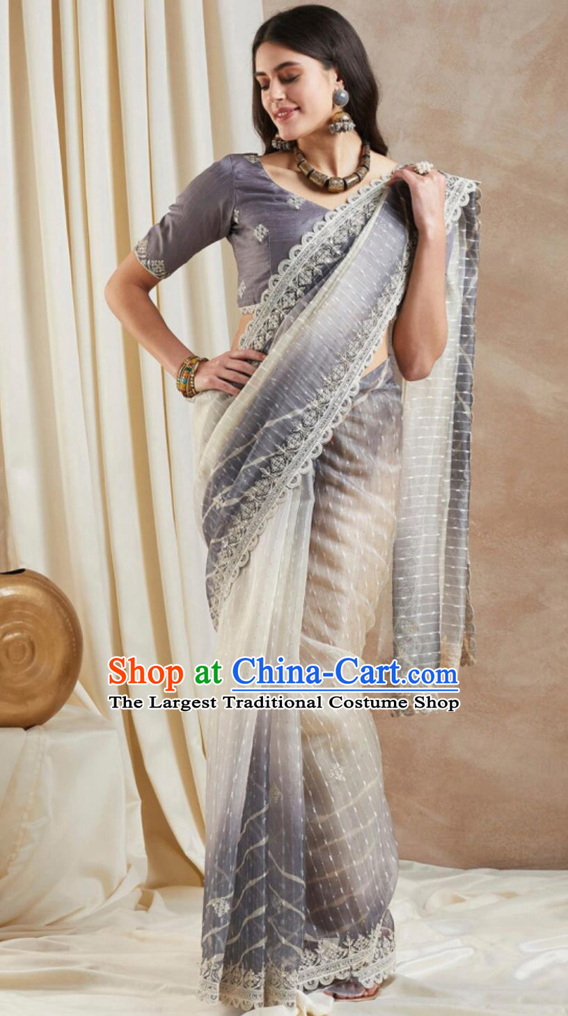 Indian National Clothing Traditional Festival Grey Sari Dress India Woman Embroidery Costume