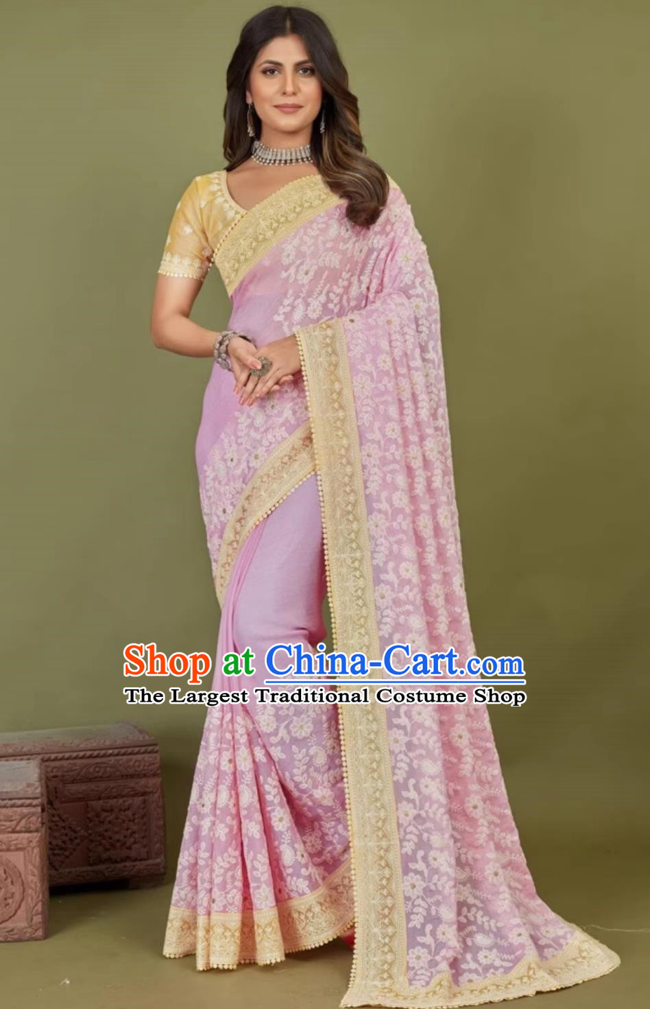 Indian National Clothing Traditional Festival Lilac Embroidered Sari Dress India Woman Summer Costume
