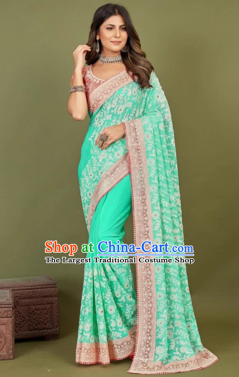 Indian National Clothing India Traditional Festival Lake Green Embroidered Sari Dress Woman Summer Costume
