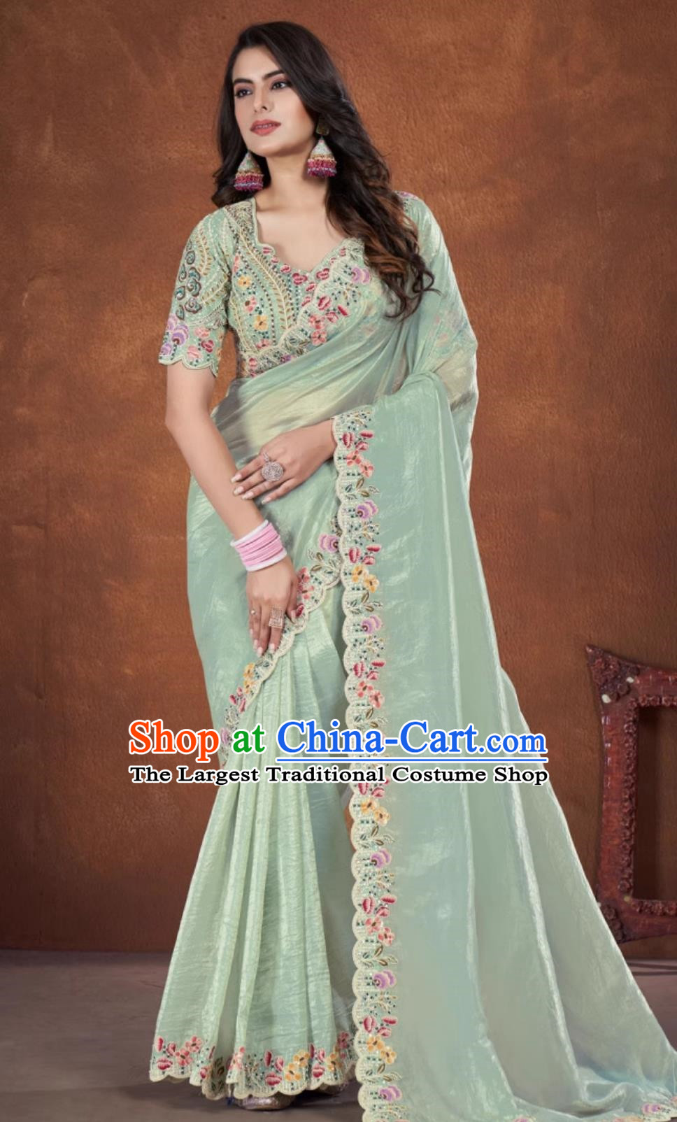 Indian Festival Sari National Costume Traditional Women Clothing Embroidery Light Green Dress