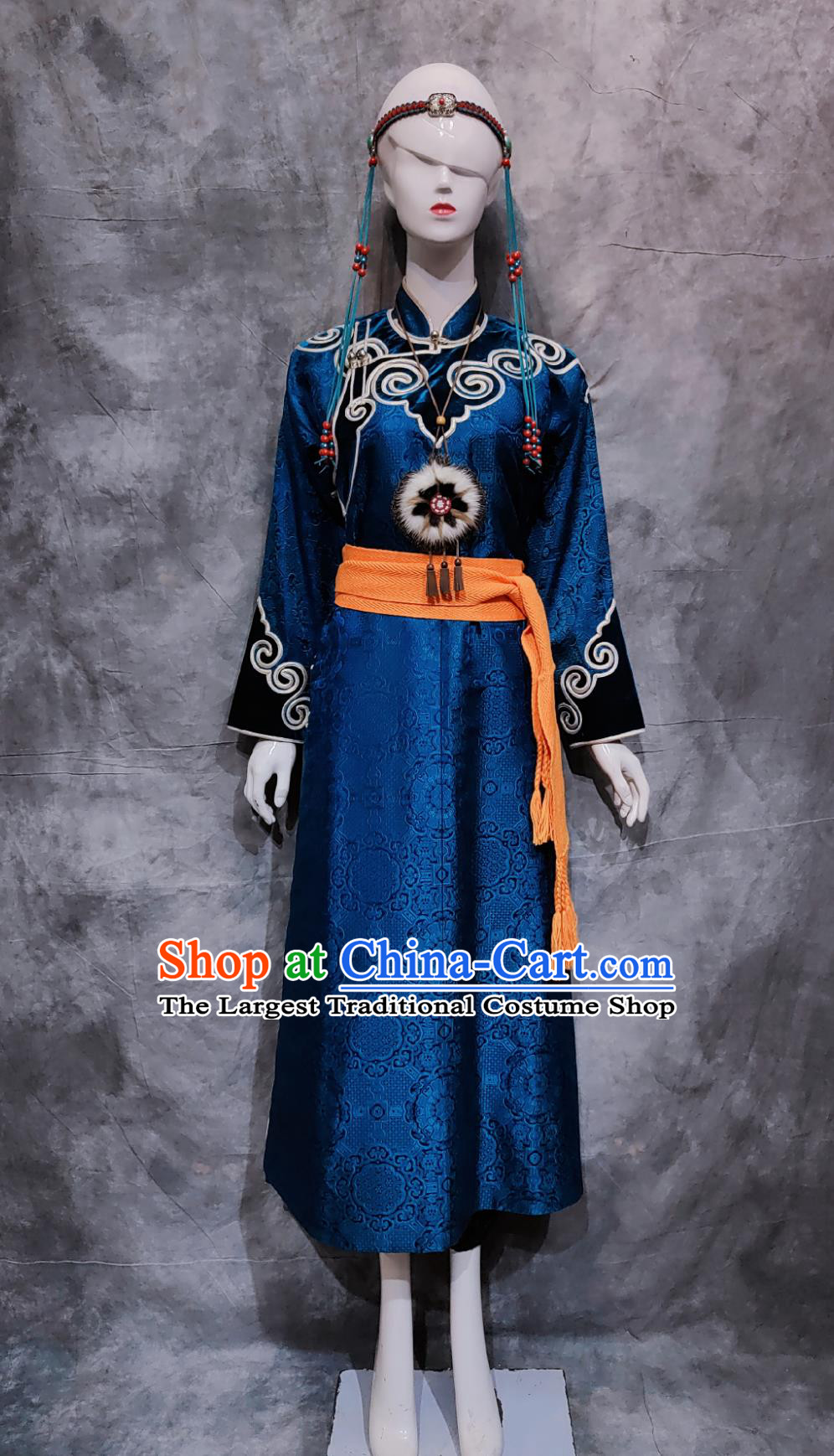 China Ewenki National Minority Woman Clothing Traditional Dance Blue Dress Chinese Evenki Ethnic Show Costume