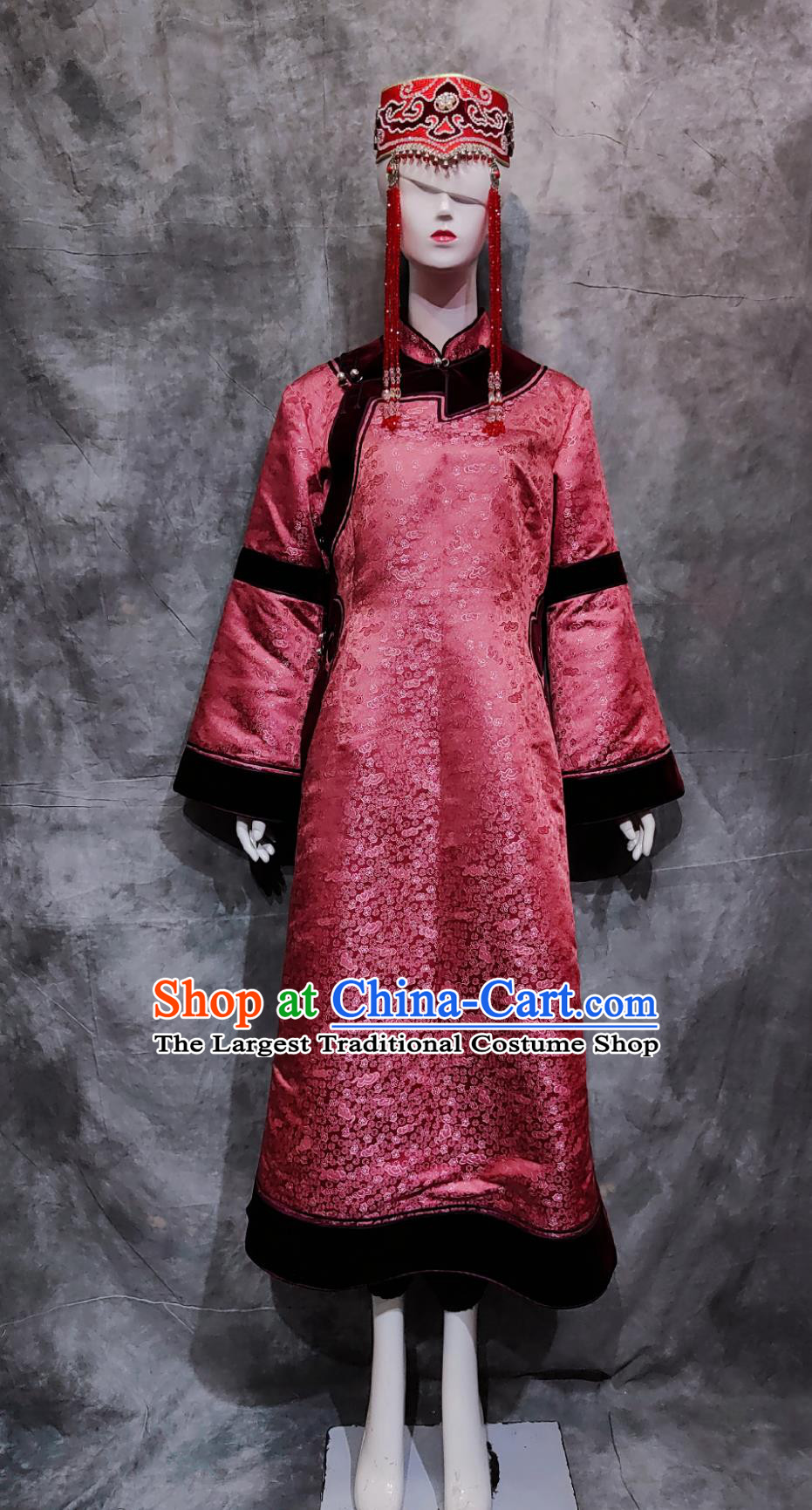Chinese Daghur Ethnic Festival Costume China Daur National Minority Woman Clothing Traditional Dance Deep Pink Dress