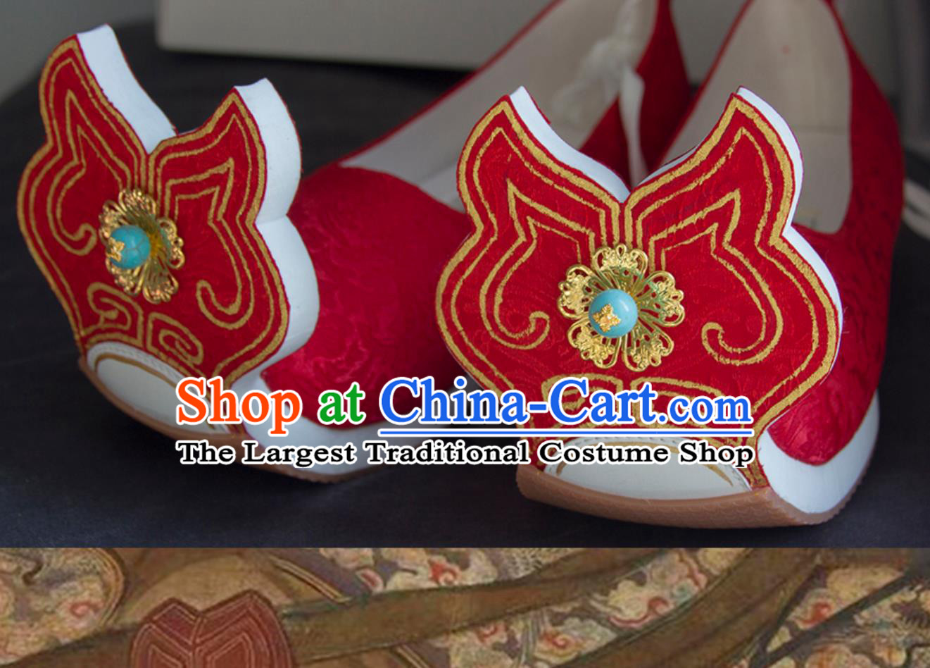 Ancient Chinese Empress Red Shoes Handmade China Tang Dynasty Curved Toe Shoes Traditional Hanfu Stage Show Shoes