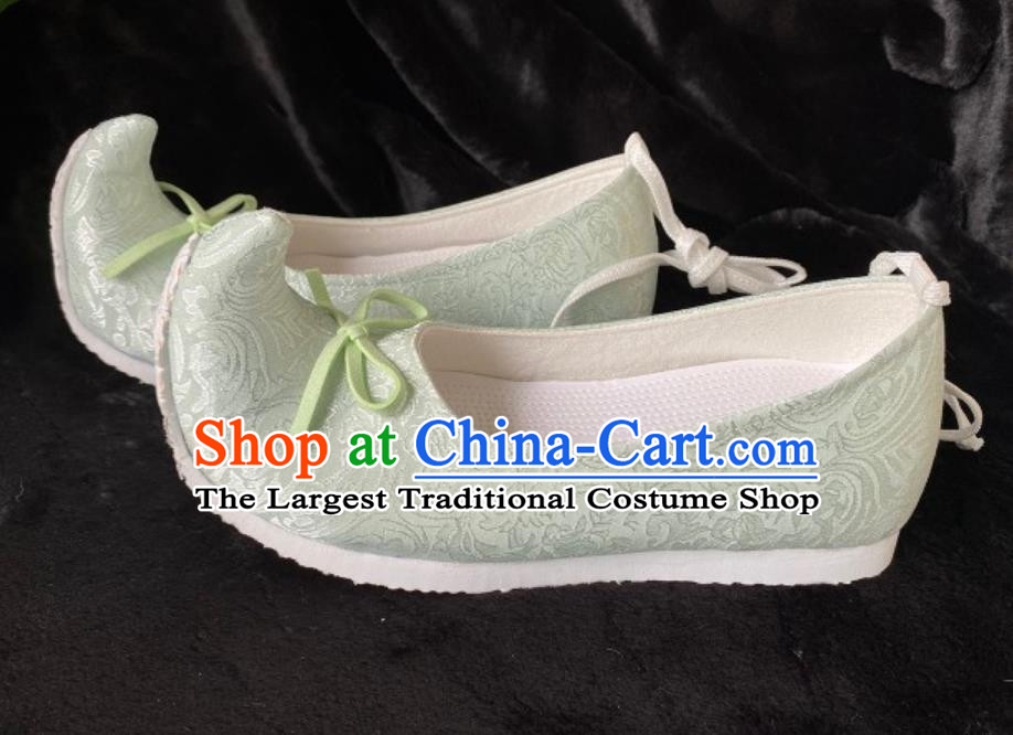 Traditional Hanfu Stage Show Shoes Ancient Chinese Princess Green Shoes Handmade China Song Dynasty Empress Curved Toe Shoes