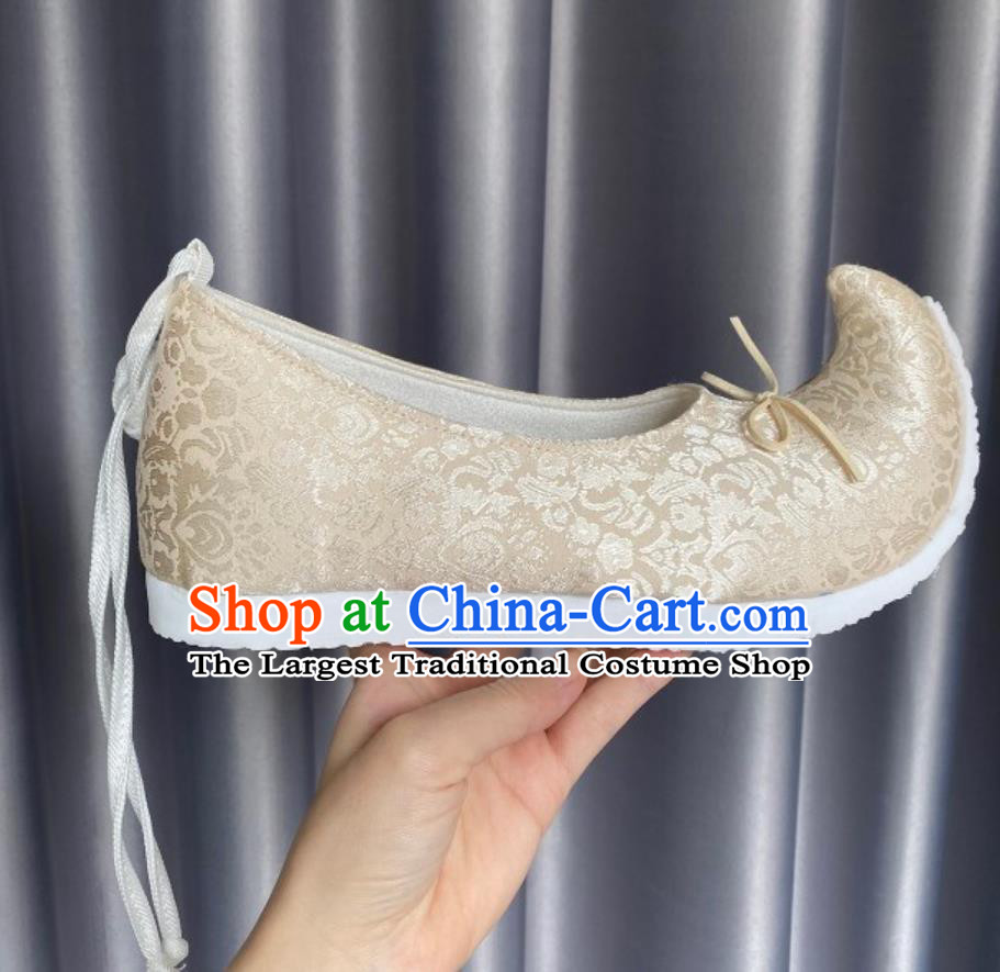 Handmade China Song Dynasty Empress Curved Toe Shoes Traditional Hanfu Stage Show Shoes Ancient Chinese Princess Champagne Shoes