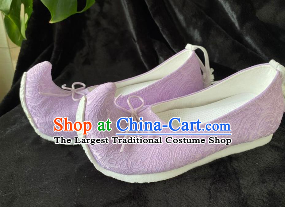 Ancient Chinese Princess Lilac Shoes Handmade China Song Dynasty Empress Curved Toe Shoes Traditional Hanfu Stage Show Shoes