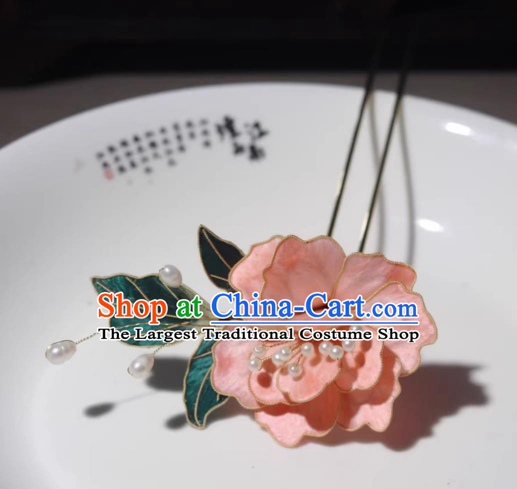 Handmade China Ming Dynasty Court Woman Pink Peony Hair Clip Traditional Hanfu Hair Jewelry Ancient Chinese Empress Silk Hairpin