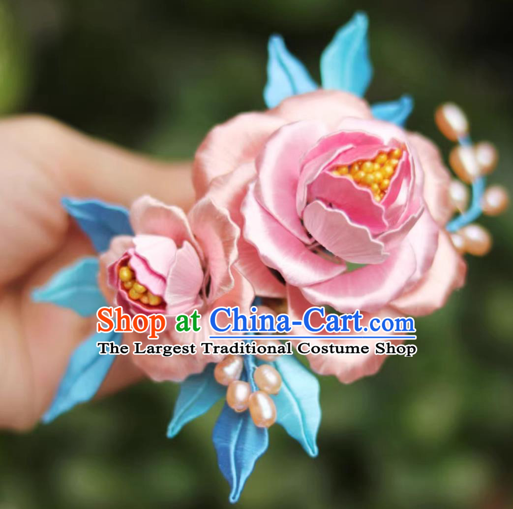 Chinese Tang Dynasty Empress Silk Peony Hair Comb Ancient China Hanfu Hairpin Traditional Intangible Heritage Artwork Handmade Headpiece