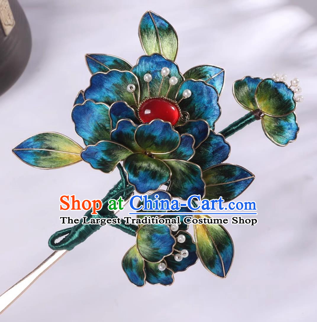 Handmade China Qing Dynasty Blue Silk Peony Hair Comb Traditional Hanfu Hair Jewelry Ancient Chinese Empress Hairpin