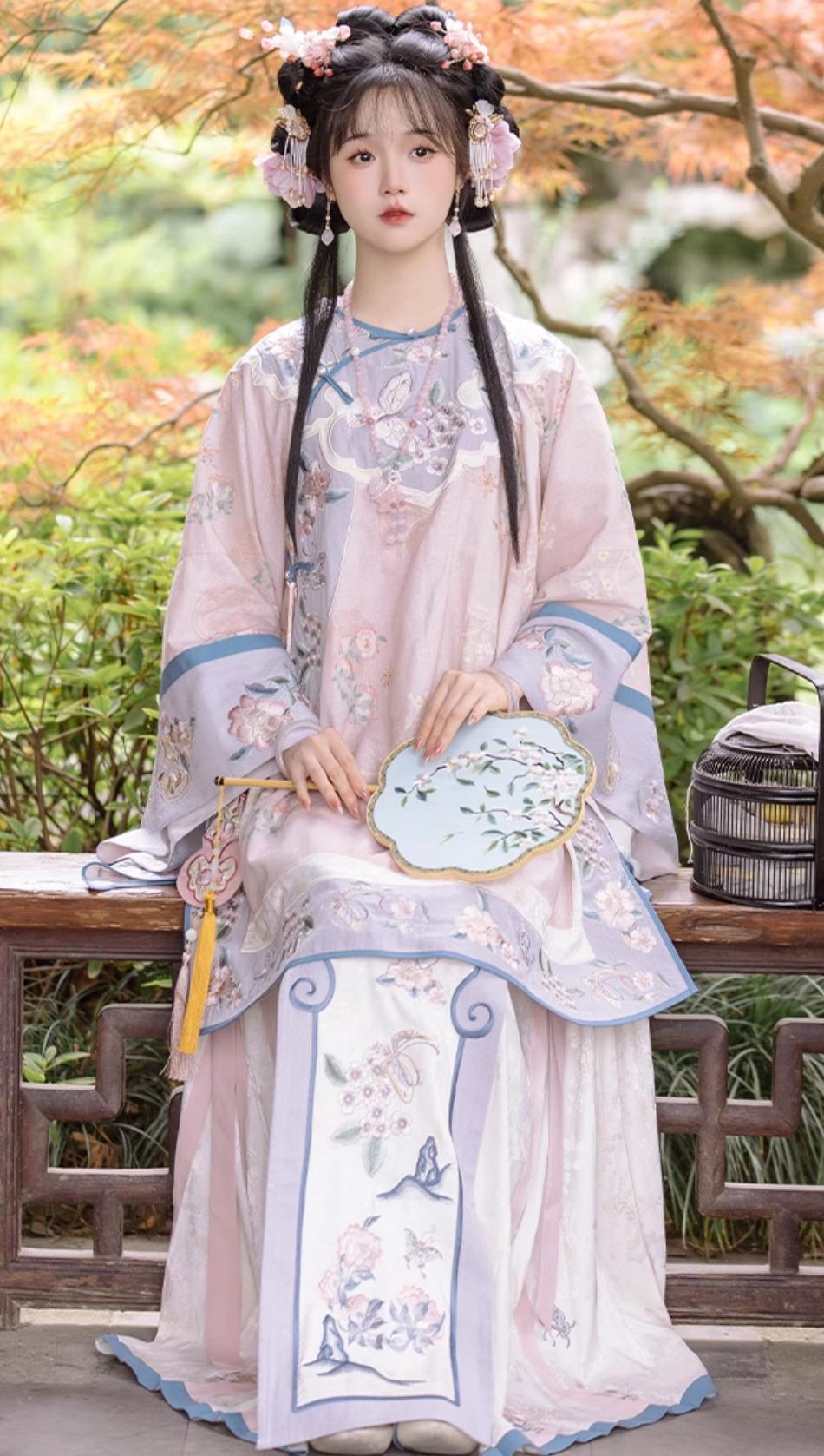 Chinese Qing Dynasty Han Nationality Woman Clothing Ancient China Noble Lady Pink Blouse and Skirt Complete Set