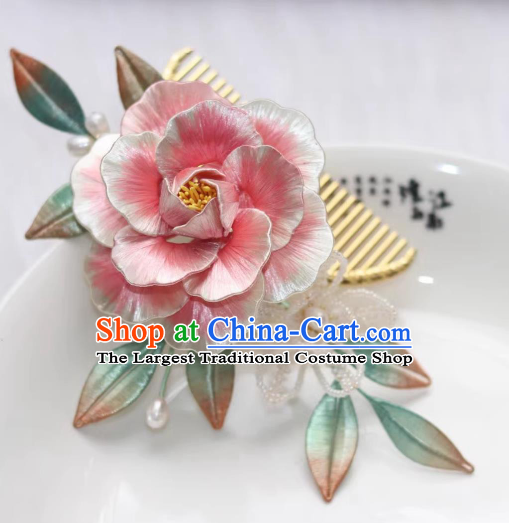 Traditional Chinese Tang Dynasty Hairpin China Hanfu Hair Jewelry Handmade Ancient Princess Pink Silk Peony Hair Comb