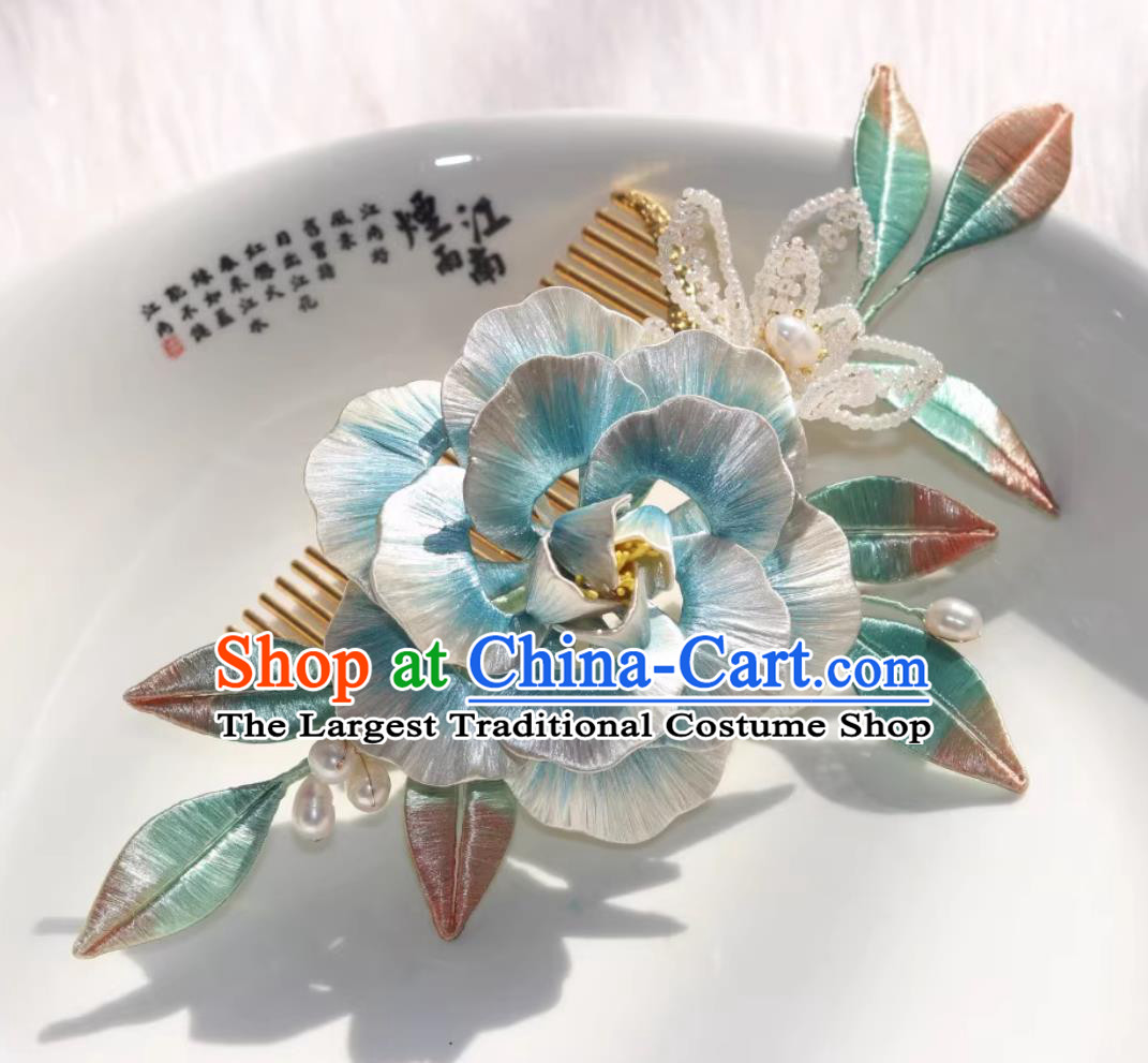 China Hanfu Hair Jewelry Handmade Ancient Princess Light Blue Silk Peony Hair Comb Traditional Chinese Tang Dynasty Hairpin