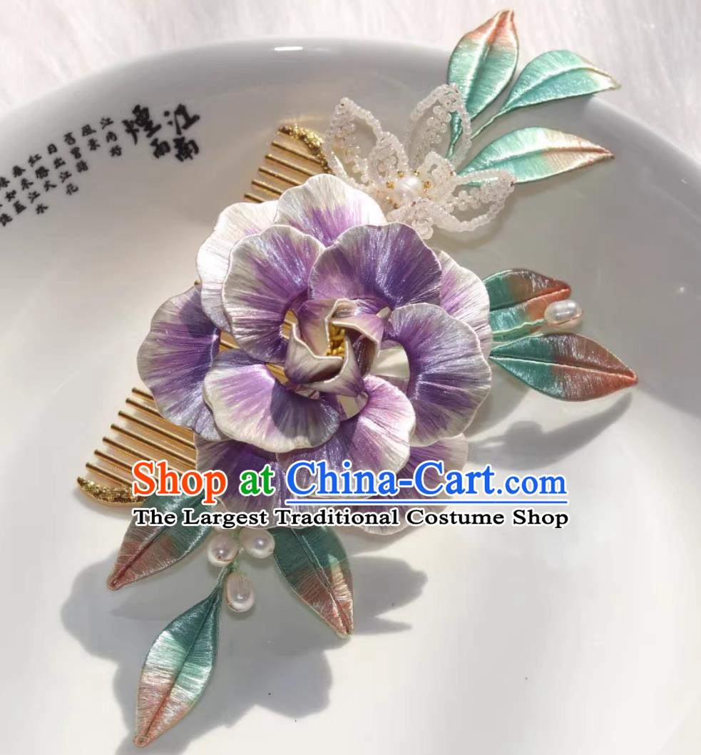 Traditional Chinese Tang Dynasty Hairpin China Hanfu Hair Jewelry Handmade Ancient Princess Purple Silk Peony Hair Comb