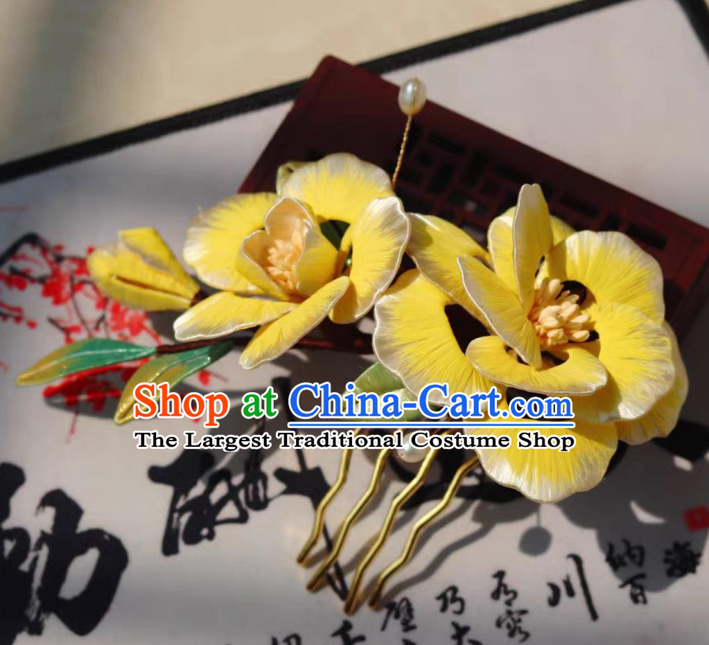 Handmade Ancient Princess Yellow Silk Peony Hair Comb Traditional Chinese Tang Dynasty Hairpin China Hanfu Hair Jewelry