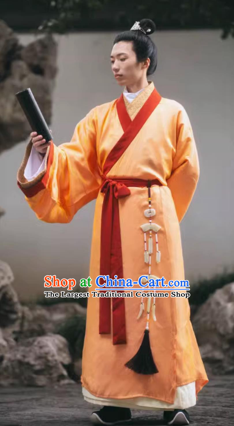 China Travel Photography Scholar Costume Traditional Orange Hanfu Robe Ancient China Young Childe Clothing