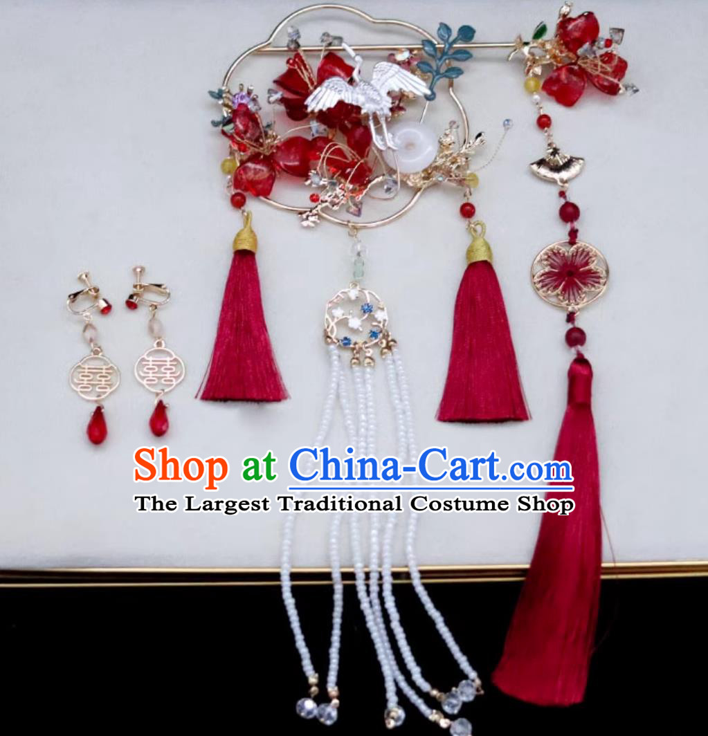 China Cheongsam Hair Jewelries Handmade Bride Hair Accessories and Earrings Traditional Chinese Wedding Red Tassel Headpieces