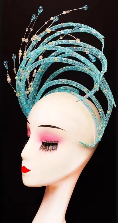 Handmade Modern Dance Blue Sequins Hat Traditional Stage Performance Hair Jewelry China Opening Dance Headdress