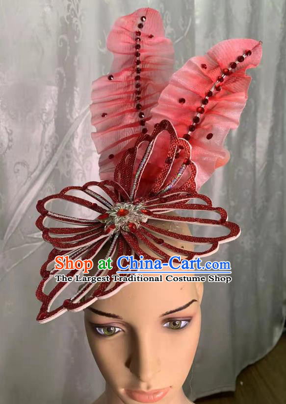 Handmade Yangko Dance Red Leaf Headpiece Chinese Spring Festival Gala Opening Dance Hair Jewelry Top Stage Performance Headwear