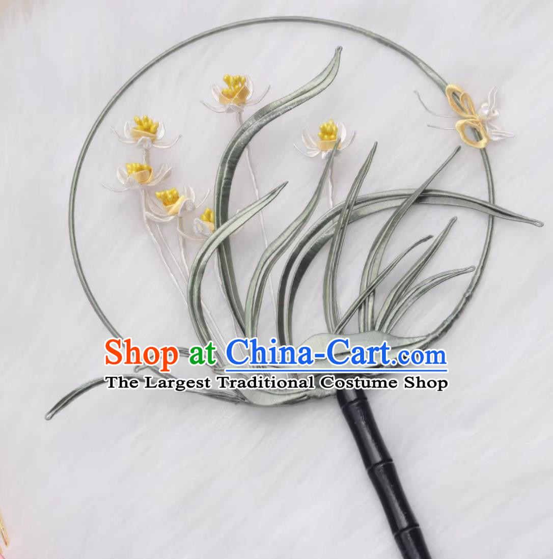 Handmade Palace Fan Traditional Classical Embroidered Orchids Round Fan Chinese Hanfu Photography Prop