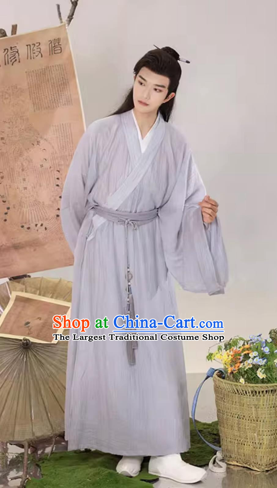 Ancient China Young Man Clothing Traditional Male Hanfu Chinese Song Dynasty Scholar Grey Long Robe