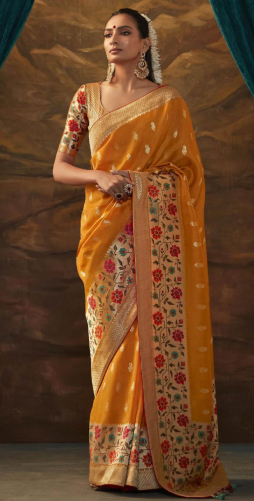 India National Orange Sari Indian Traditional Clothing Woman Festive Dress