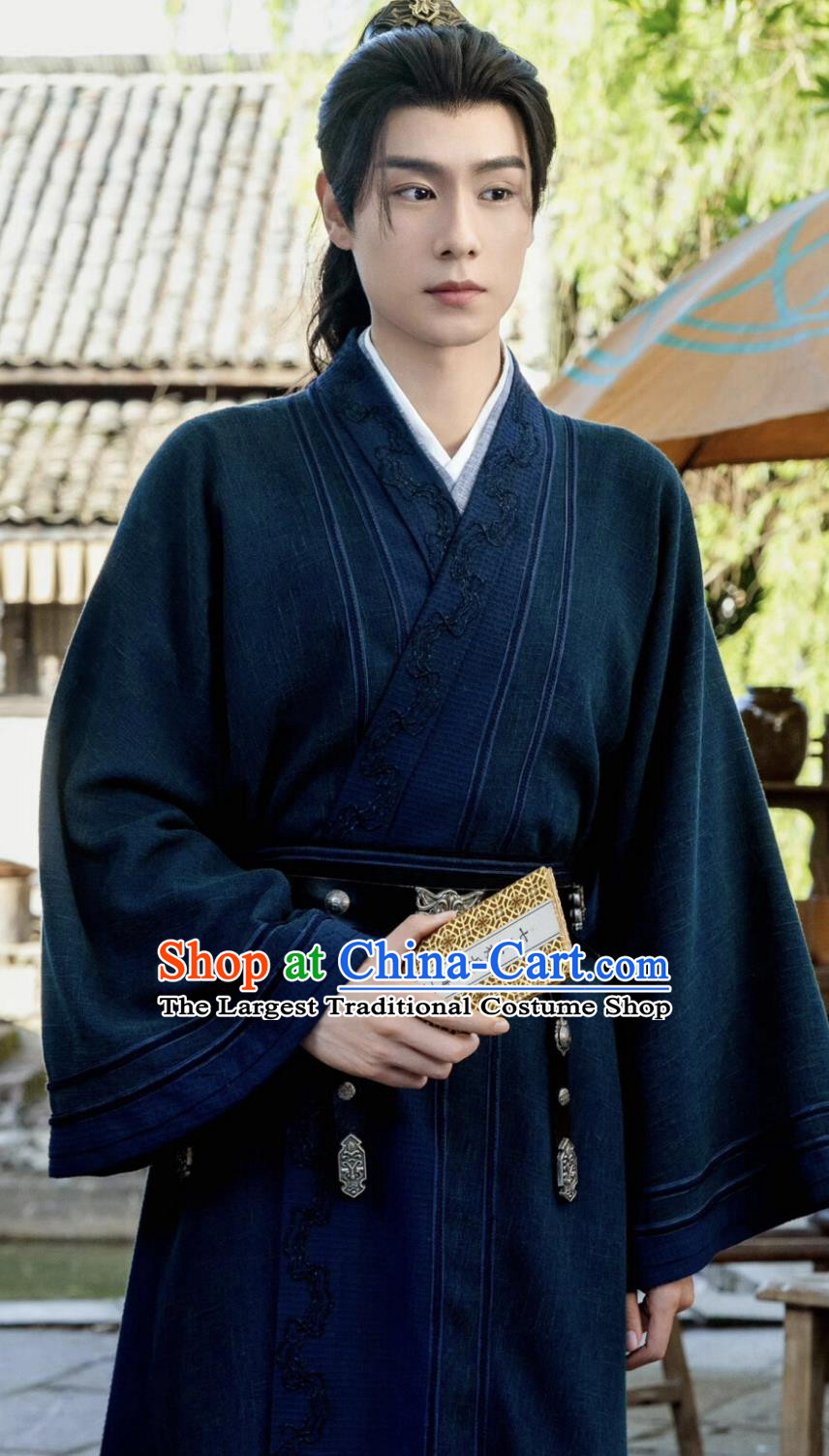 Traditional Male Hanfu Chinese TV Series Blossoms in Adversity Prince Gu Yan Xi Costume Ancient China Hero Dark Blue Clothing