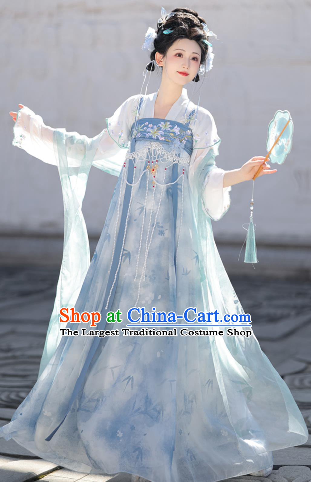 Traditional Hanfu Clothing Chinese Tang Dynasty Young Lady Blue Dress Ancient China Female Costume