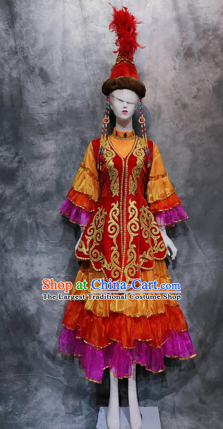 Chinese Kazak National Minority Stage Performance Dress Xinjiang Folk Dance Costume China Kazakh Ethnic Woman Clothing