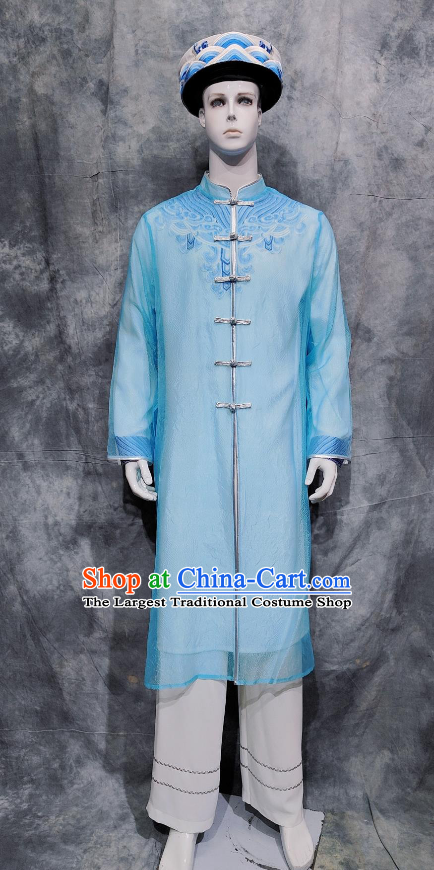 China Jing National Minority Male Blue Outfit Traditional String Instrument Performance Costume Chinese Ethnic Festival Clothing