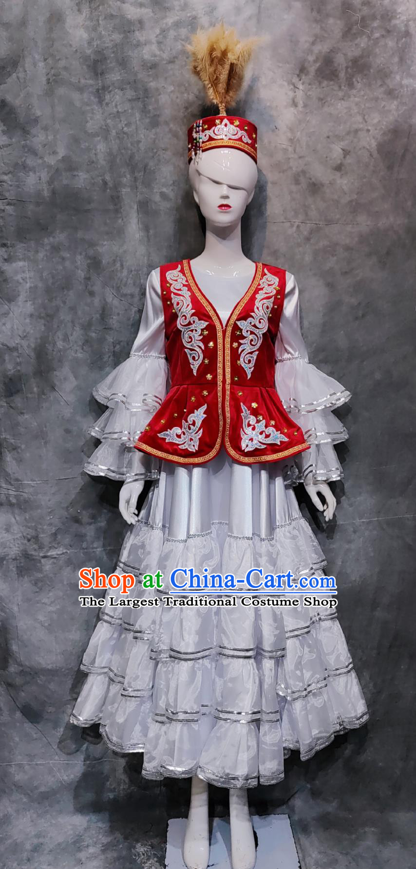 China Xinjiang Folk Dance Costume Kazakh Ethnic Woman Clothing Chinese Kazak National Minority Stage Performance Red Vest and Dress