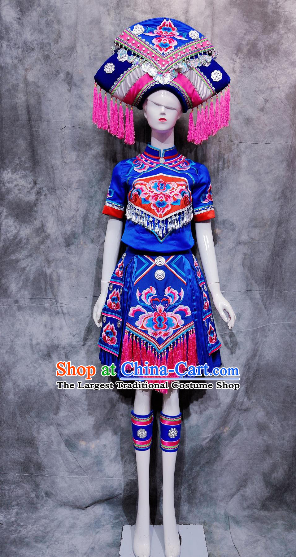 Traditional Guangxi Travel Embroidered Blue Dress Chinese Ethnic Dance Costume China Zhuang National Minority Woman Festival Clothing