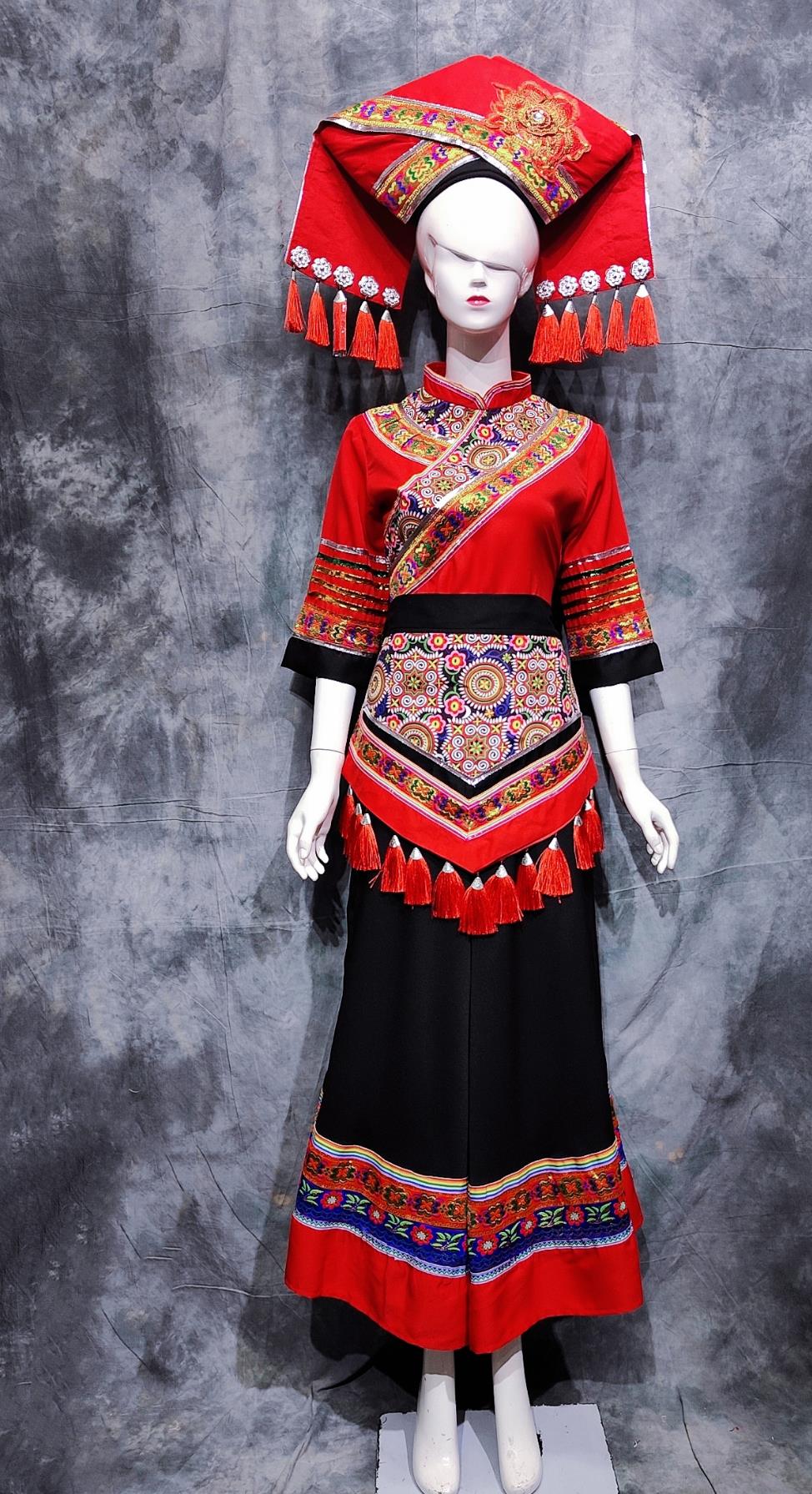 Chinese Ethnic Dance Costume China Zhuang National Minority Woman Clothing Traditional Guangxi March 3rd Festival Performance Attire