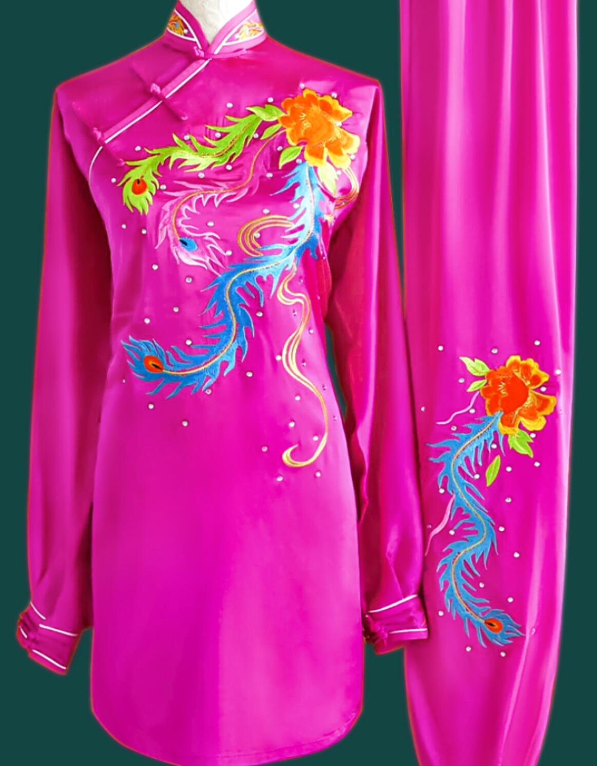 Rosy Embroidered Phoenix Tai Chi Suit Chinese Kung Fu Taiji Costume Top Pure Silk Wushu Uniform