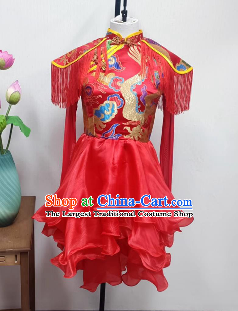 Women Group Performance Red Dress China Folk Dance Clothing Chinese Drum Dance Yangko Costume