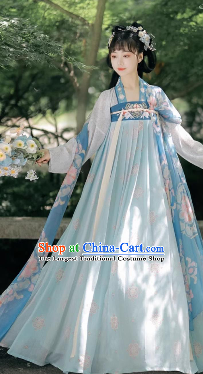 Tang Dynasty Young Lady Costume Chinese Hanfu Ancient China Royal Princess Blue Dress