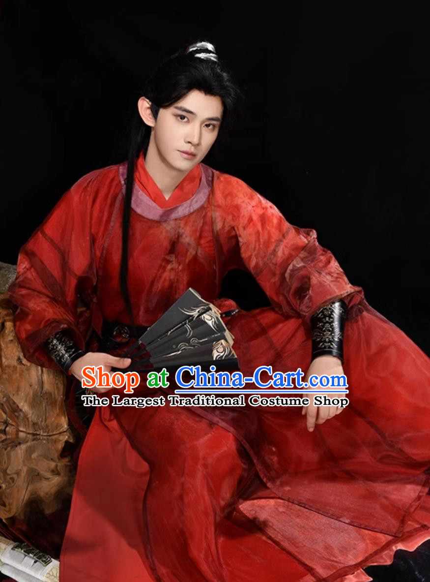 Chinese Tang Dynasty Male Hanfu Ancient China Swordsman Red Costume Traditional Young Hero Clothing