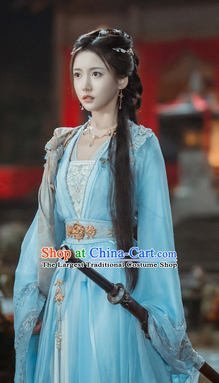 Ancient China First Beauty Clothing Chinese Drama Dashing Youth Princess Yi Wen Jun Blue Dress Costume